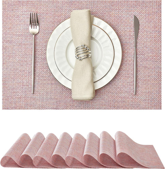 Leetaltree Sparkling Pink Iridescent Vinyl Woven Placemats, Set of 8, Waterproof Washable Dining Table Mats for Wedding, Anniversary, Daily Use & Decor
