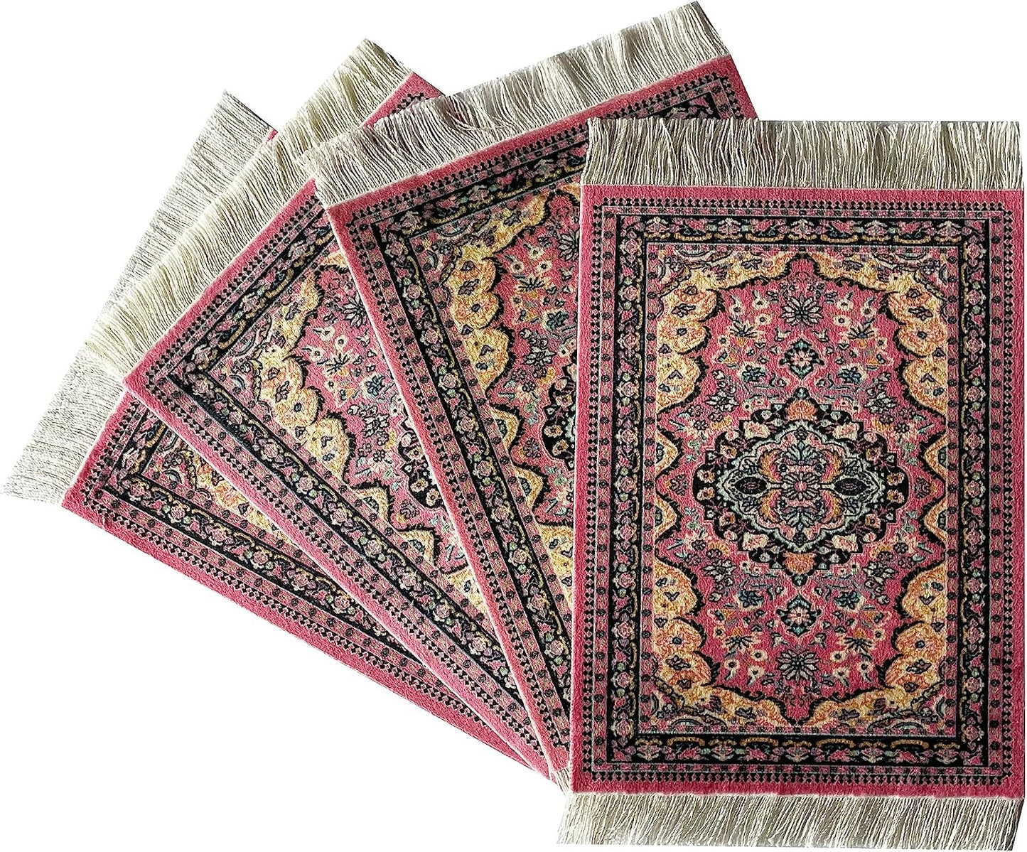 Set of 4 Carpet-Style Coasters – Pink Oriental Rug Design Drink mats with Fringe, Absorbent and Non-Slip for Coffee, Tea, Wine