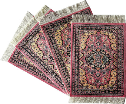 Set of 4 Carpet-Style Coasters – Pink Oriental Rug Design Drink mats with Fringe, Absorbent and Non-Slip for Coffee, Tea, Wine