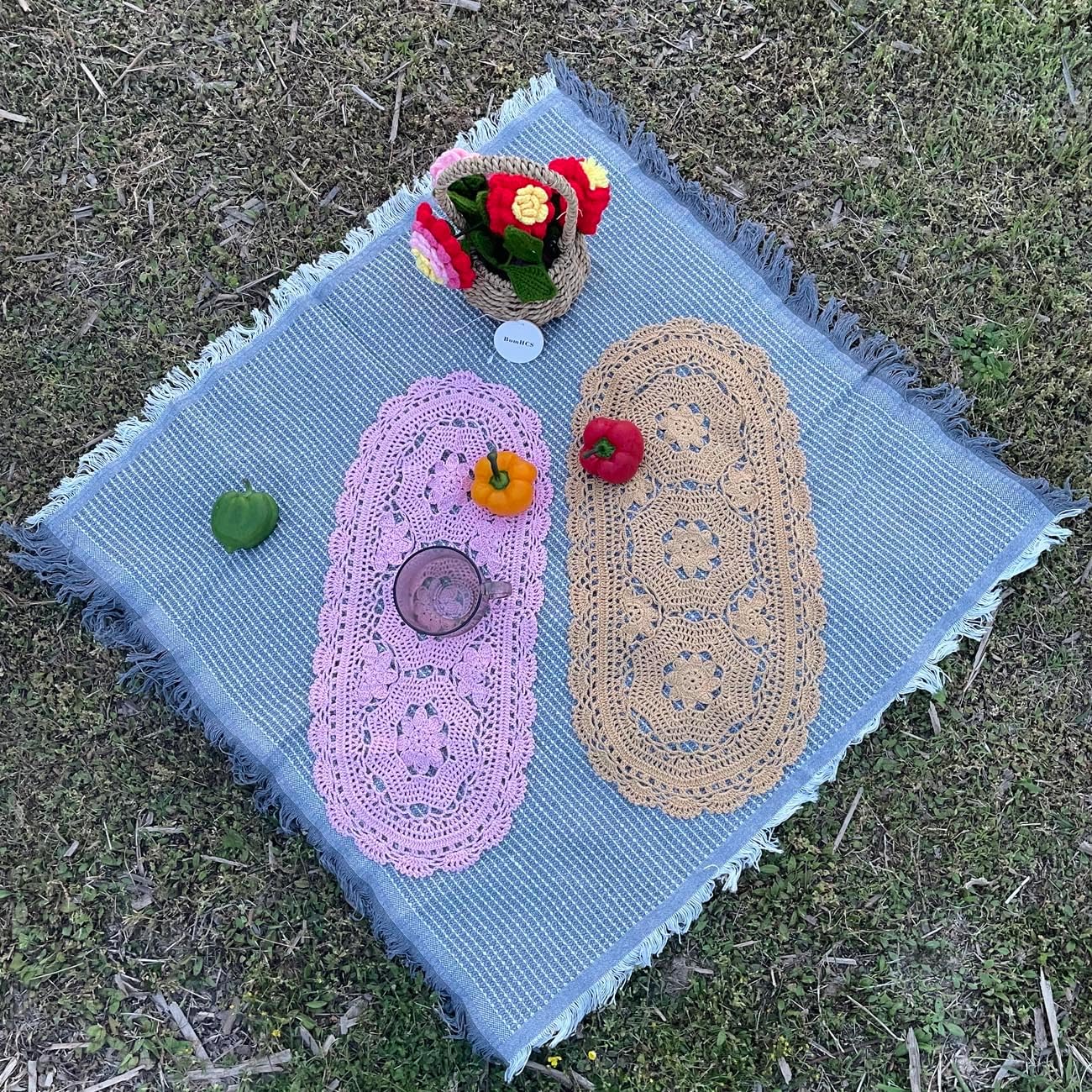 Oval Lace Doilies Width 9" to 11", Length 22" to 23" Handmade Crochet Thanksgiving Table Runner Flower Kitchen Placemats (Pink, 1)