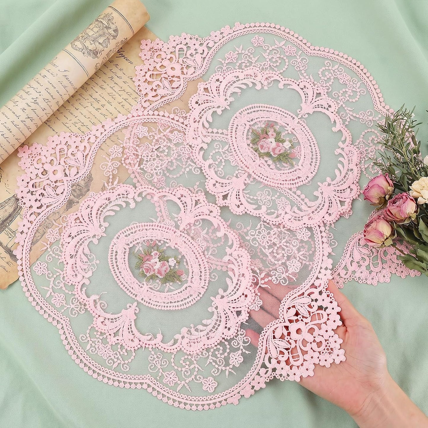 Amabro 4Pcs Lace Doilies for Tables Retro French Style Lace Placemats Doilies for Tables Fashionable Floret French Crochet Coasters Elegant and Retro Cup Mats Home Wedding Furniture Decor(Pink)