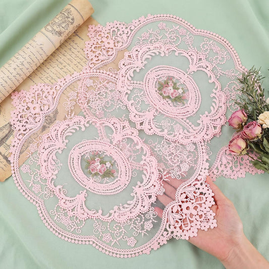 Amabro 4Pcs Lace Doilies for Tables Retro French Style Lace Placemats Doilies for Tables Fashionable Floret French Crochet Coasters Elegant and Retro Cup Mats Home Wedding Furniture Decor(Pink)
