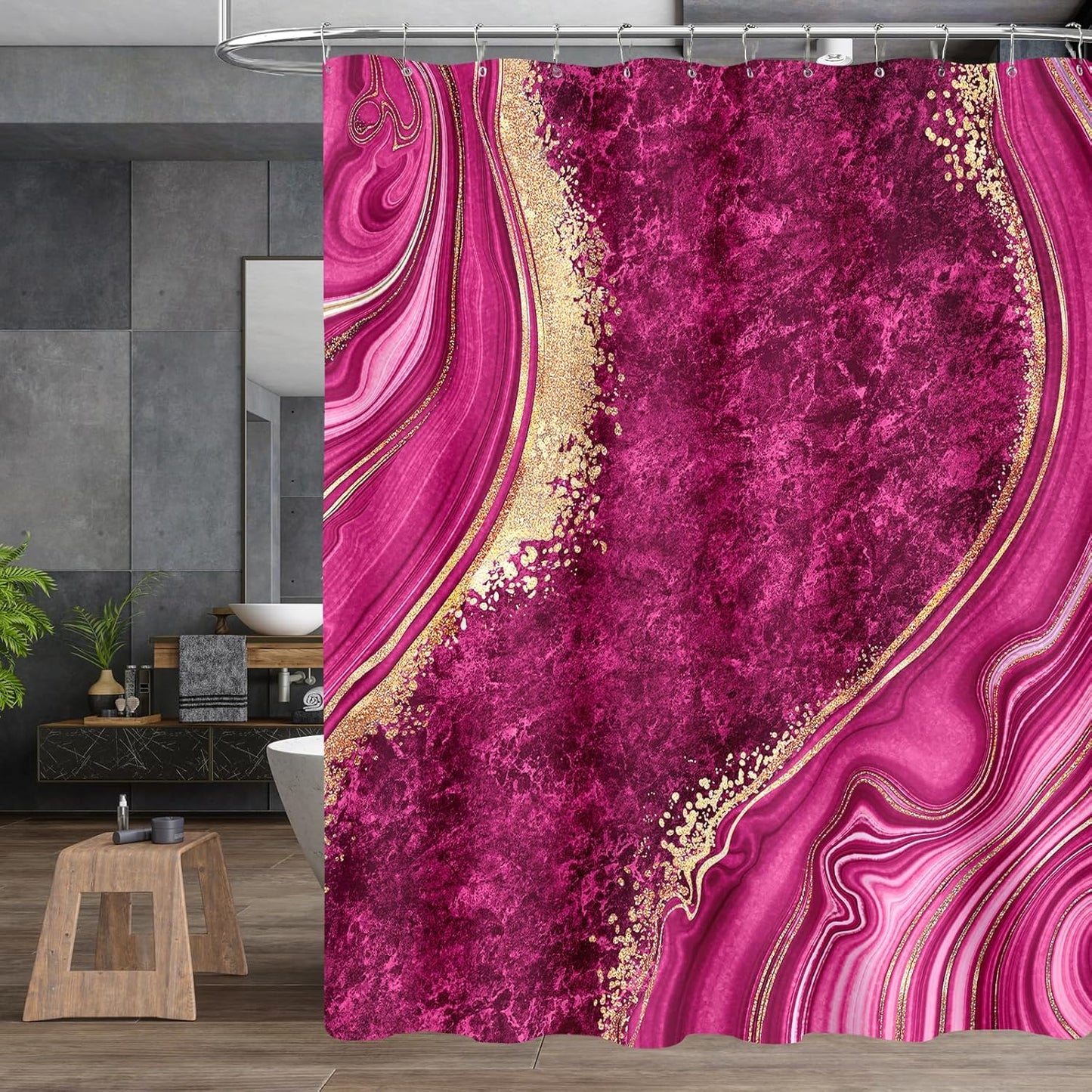 4PCS Pink Gold Marble Bathroom Sets with Shower Curtain and Rugs, Hot Pink Shower Curtain Sets with Rugs, Abstract Bathroom Curtains Shower Set with Accessories