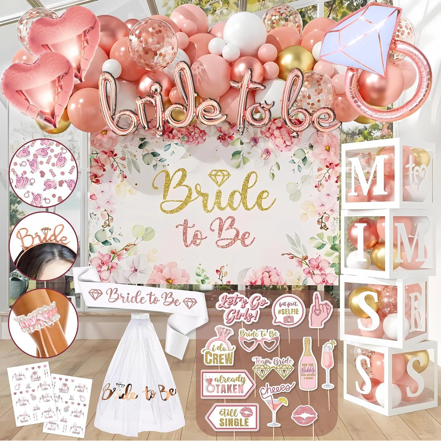 189 Pc Rose Gold Bridal Shower Decorations Kit – Bachelorette Party Set | Oxford-cloth backdrop, balloon arch, Bride-to-Be sash/veil/tiara, 12 photo props, foil balloons + printable games