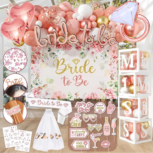 189 Pc Rose Gold Bridal Shower Decorations Kit – Bachelorette Party Set | Oxford-cloth backdrop, balloon arch, Bride-to-Be sash/veil/tiara, 12 photo props, foil balloons + printable games