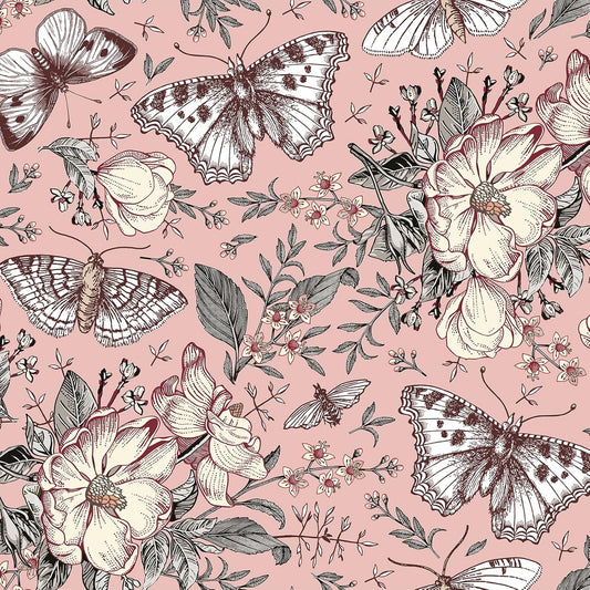 FunStick Pink Floral Wallpaper Peel and Stick Botanical Garden Wildflower Butterfly Wall Paper for Girls Bedroom Nursery Removable Pink Butterflies Floral Contact Paper for Walls Cabinets 17.5"x118"