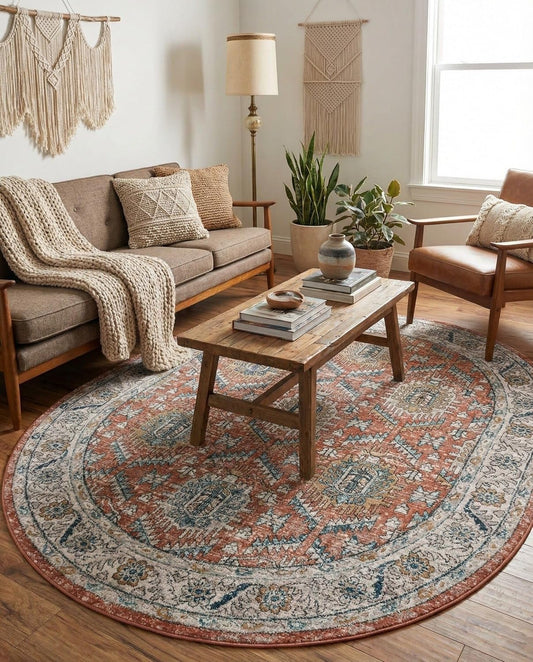 Rugs.com - Nyla Collection Rug – 7' 10 x 10' Oval Salmon Pink Easy-Clean Textured Area Rug – Vintage Medallion Design for Living Rooms, Dining Rooms, and Bedrooms