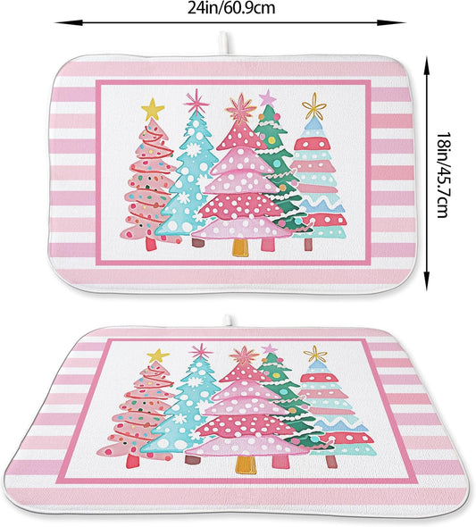 Christmas Dish Drying Mats 18x24 Inch Stripes Watercolor Pink Christmas Trees Star Drying Mats Xmas Winter Holiday Kitchen Decor Absorbent Drying Dish Pad for Kitchen Dining Room Counter