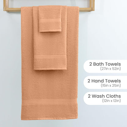 Martex Easy Living Everyday 6-Piece Bathroom Towel Set – 2 Bath Towels, 2 Hand Towels, 2 Wash Cloths – 100% Cotton – Soft & Quick-Dry Towels - Peach