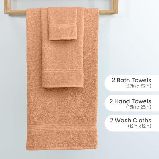 Martex Easy Living Everyday 6-Piece Bathroom Towel Set – 2 Bath Towels, 2 Hand Towels, 2 Wash Cloths – 100% Cotton – Soft & Quick-Dry Towels - Peach