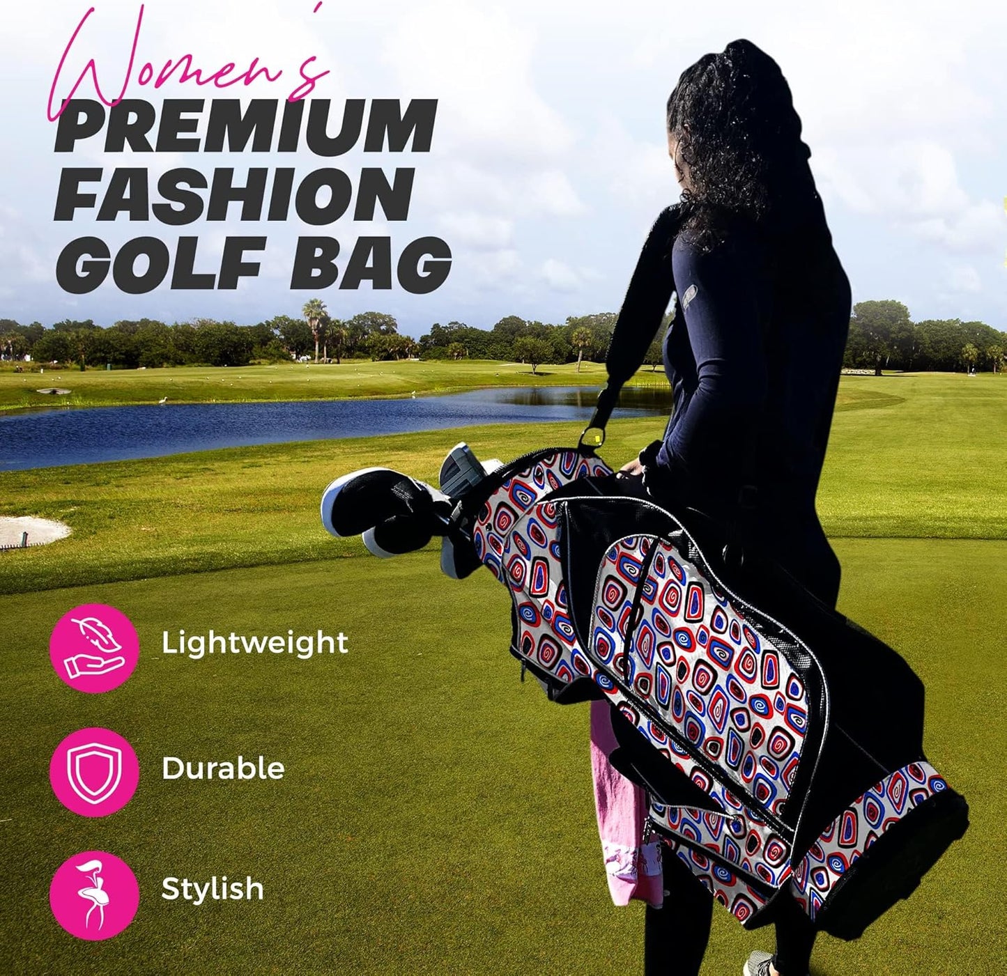 Taboo Fashions Ladies Golf Bag - 14-Way Women’s Golf Cart Bag with Insulated Cooler Pocket, Rain Hood, 7 Zippered Pockets & More - Stylish Golf Accessories for Women