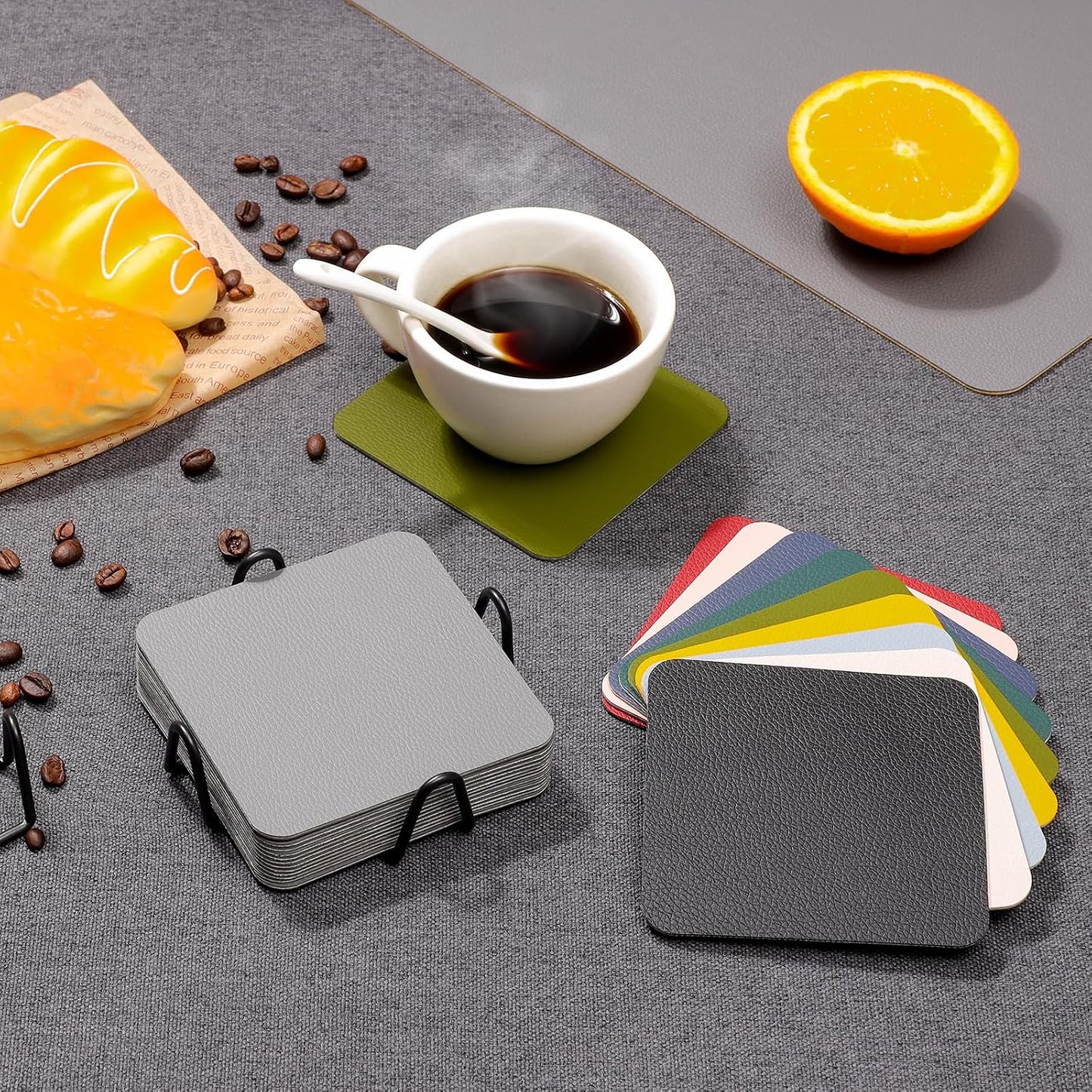 Myir JUN Coasters Glass Coasters Set of 12 4 inch Double Sided Faux Leather Coaster Waterproof Non-Slip Easy to Clean with Coaster Holder(Gray Pink)