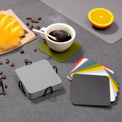 Myir JUN Coasters Glass Coasters Set of 12 4 inch Double Sided Faux Leather Coaster Waterproof Non-Slip Easy to Clean with Coaster Holder(Gray Pink)