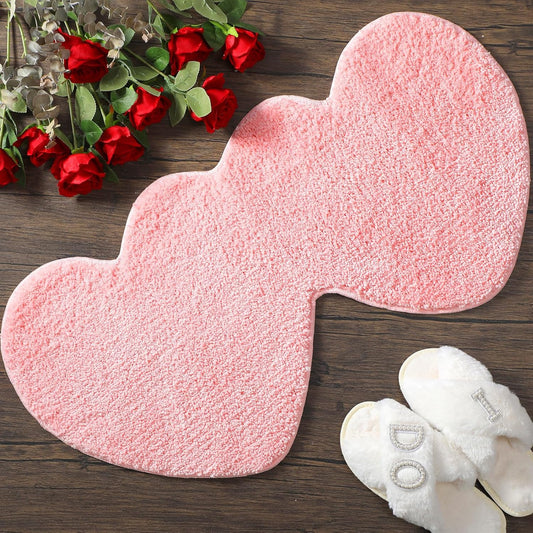 Hoolerry Valentines Heart Rug Double Heart Shaped Bathroom Rug Decorative Non Slip Doormat Washable Love Shag Shower Mat Home Bedroom Living Room 15.75 x 31.5 Inch(Pink)