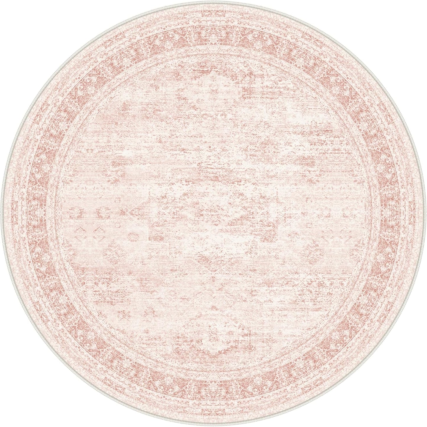 GENIMO 5FT Round Area Rugs for Living Room, Circle Rugs Machine Washable Low Pile, Chenille Non Slip Vintage Rug for Bedroom, Dining Room, Home Office, Pink