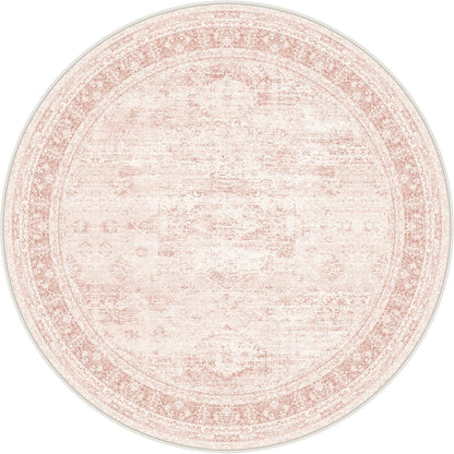 GENIMO 5FT Round Area Rugs for Living Room, Circle Rugs Machine Washable Low Pile, Chenille Non Slip Vintage Rug for Bedroom, Dining Room, Home Office, Pink