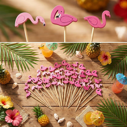 Chengu 120 Pcs 3 Styles Large Flamingo Cocktail Picks 5.31 Inch Pink Flamingo Toothpicks Bamboo Hawaiian Cocktail Picks for Drinks Appetizers Fruit Skewers Summer Tropical Party Decorations Supplies