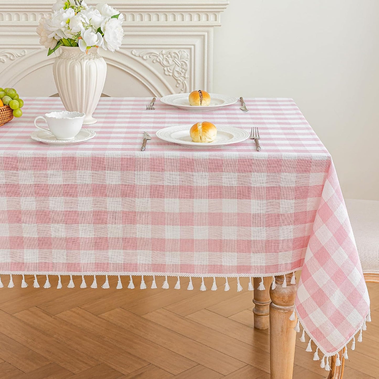 Pink Gingham Tablecloth with Tassels, Cotton Linen Checkered Plaid Table Cloth, Farmhouse Table Cover for Dining Table, Picnic, Baby Shower, Washable, 55x75 Inch Rectangle