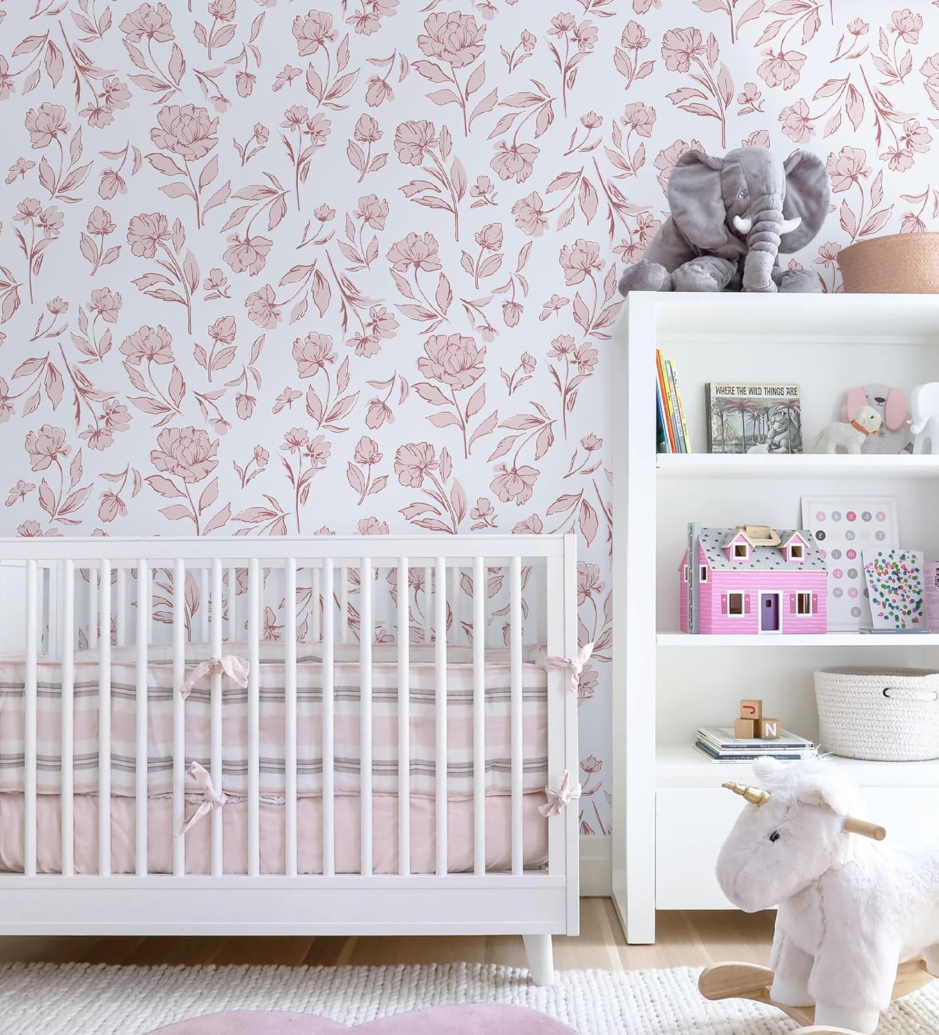 HeloHo Floral Peel and Stick Wallpaper Pink and White Wall Paper Modern Boho Removable Self Adhesive Flower Leaf Contact Paper for Cabinets Bedroom Bathroom Waterproof Vinyl Rolls 17.3" X 78.7"