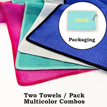 2 Pack Tri-Fold Microfiber Towels Set with Carabiner Clip - Waffle Pattern Golf Towels for Bags - Outdoor Sports Towel Gifts (2 Pcs Pink + Pink)