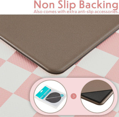 Ohocut Pink Checkered Kitchen Mats for Floor Set of 2, 2 Pcs Cushioned Non Slip Runner Rugs for Kitchen/Sink/Laundry, Comfort Aesthetic Cute Anti-Fatigue Foam Floor Mat 17.3"x29.5"+17.3"x47.2"
