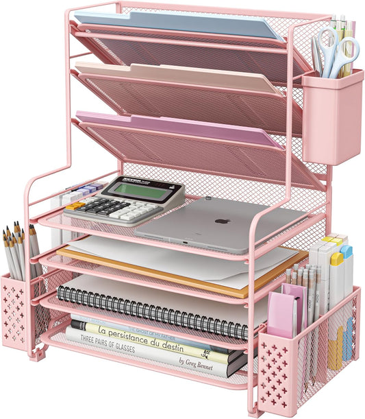 Simple Trending 7 Tier Desk File Organizer, Letter Tray Paper Organizer with Pen Holder and Metal Hanging Basket, Pink