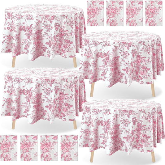 Ganeen 12 Pcs Pink Floral Plastic Tablecloth 84 Inch Round Tea Party Tablecloth Vintage Flower Disposable Pink and White Table Covers Waterproof for Birthday Wedding Baby Shower Decoration