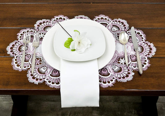 White Mauve Rose Jacquard Lace Place Mat Doily Dresser Scarf Table Runner Pink (14Wx21L)