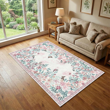 4x6 Area Rug Pink Pastel, Floral Rugs for Living Room, Lightweight Non Slip Washable Rug, Indoor Low Pile Boho Design Rugs for Bedroom Living Room Dining Room Pink Pastel