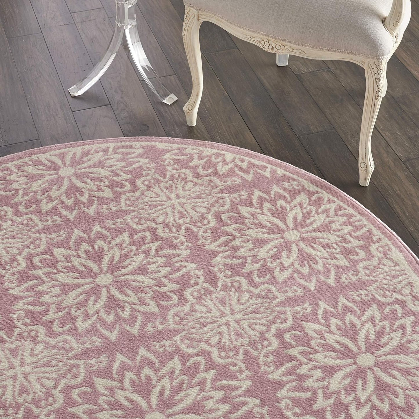 Nourison Home Jubilant Floral Ivory/Pink 5'3'' x Round Area-Rug, Easy-Cleaning, Non Shedding, Bed Room, Living Room, Dining Room, Kitchen (5 Round)