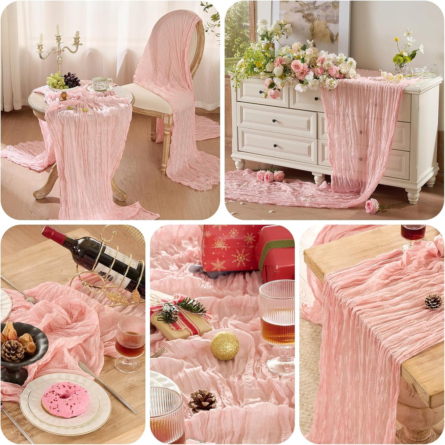 6 Pack Dusty Pink Cheese Cloth Table Runner 120 Inch Boho Rustic Gauze 10 FT Cheesecloth Table Runners Decorations for 4th of July Birthday Party Baby Shower Wedding Holiday Home Decor