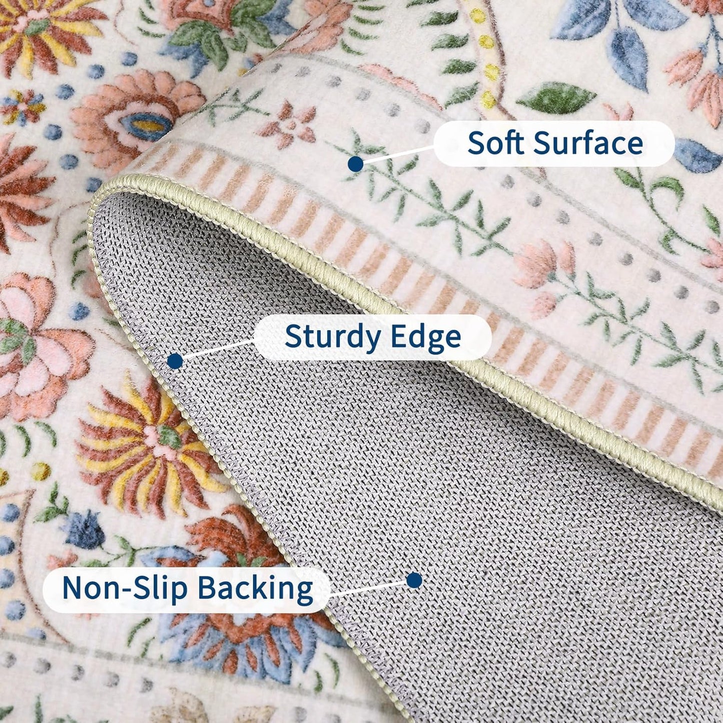 Garvee Washable Floral 9x12 Area Rugs for Living Room, Indoor Farmhouse Non Slip Girls Bedroom Rug, Ultra Soft Thin Large Carpet for Nursery Playroom, Stain Resistant Dining Room Rugs, Beige Pink
