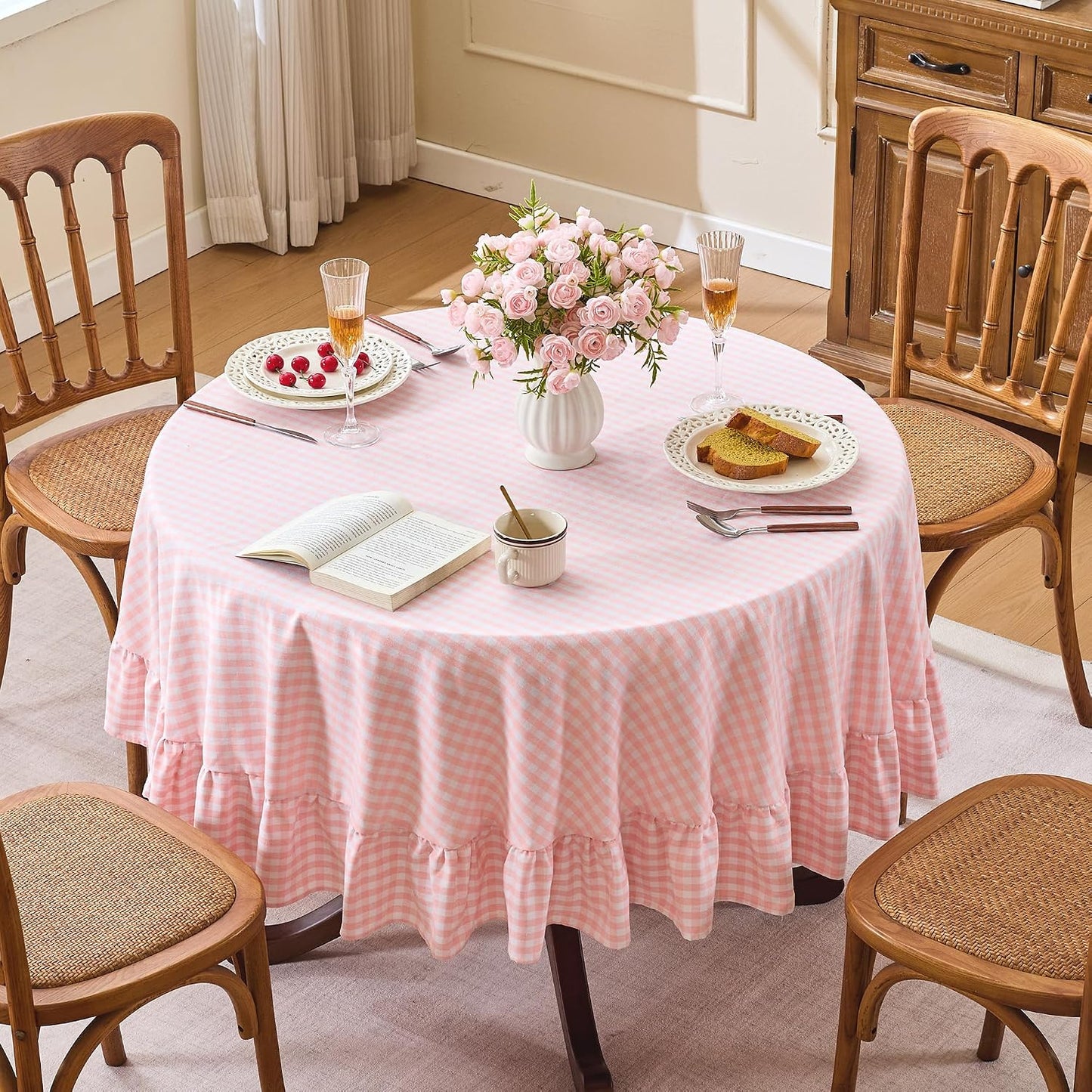 Gingham Ruffled 70" Round Tablecloth Cotton Linen Picnic Checkered Table Cloth Farmhouse Waterproof Wrinkle Free Buffalo Plaid Table Cover for Outdoor Birthday Party, Pink