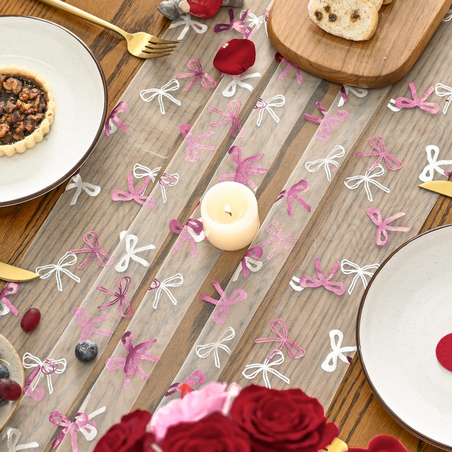 Artoid Mode Pink Bow Beige Gauze Table Runner 120 Inch 10FT,Glitter Metallic Foil Valentine’s Day Sheer Dining Anniversary Wedding Table Decor for Home Party