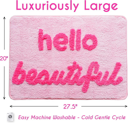 Evovee Hello Beautiful Bath Mat Light Pink Blush Peach Coral Cute Bathroom Rugs for Girls You Look Good Gorgeous Funny Shower Fun Bathroom Decor Non-Slip Washable Kids Women