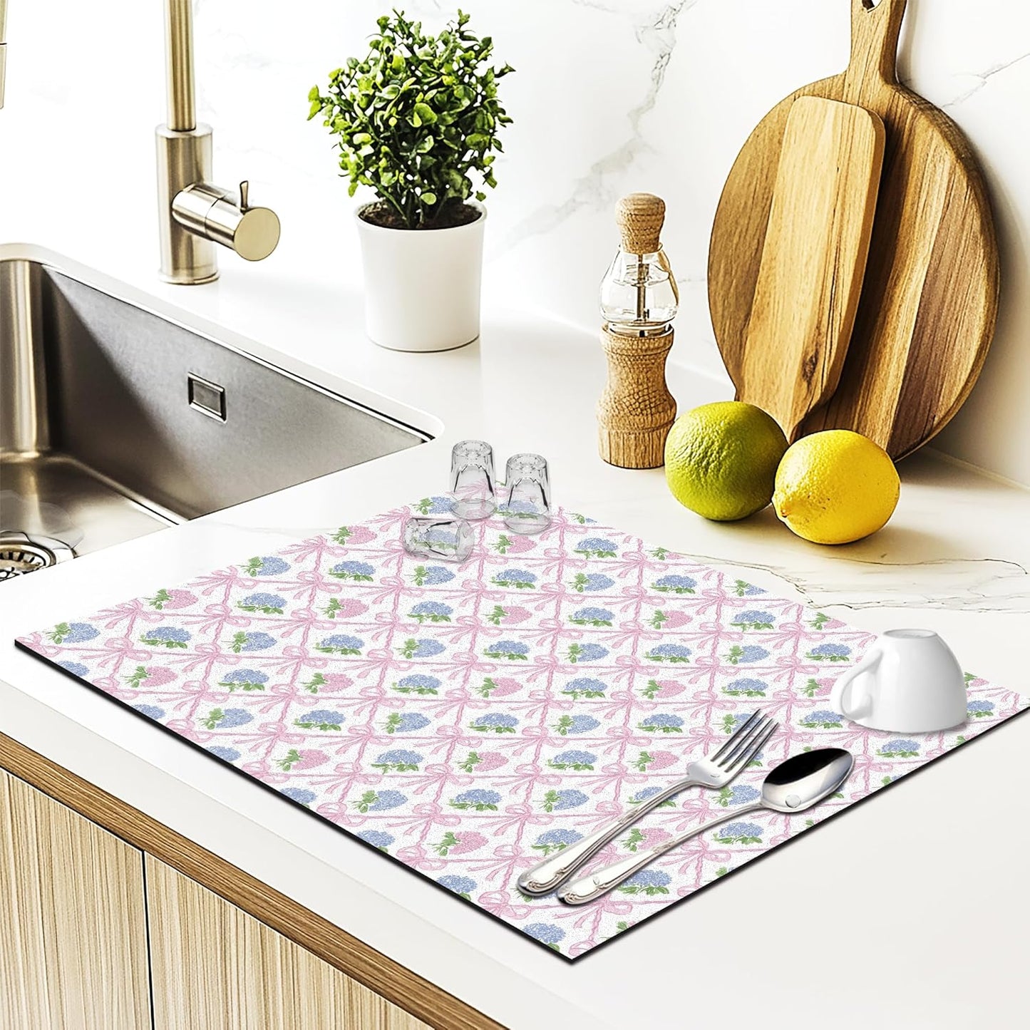 Coquette Pink Bow Hydrangea Dish Drying Mat, Preppy Girly Pink and Blue Hydrangea Flower Absorbent Dish Drainer Reusable Washable Drying Mat Pad for Kitchen Counter, 12×15 Inch