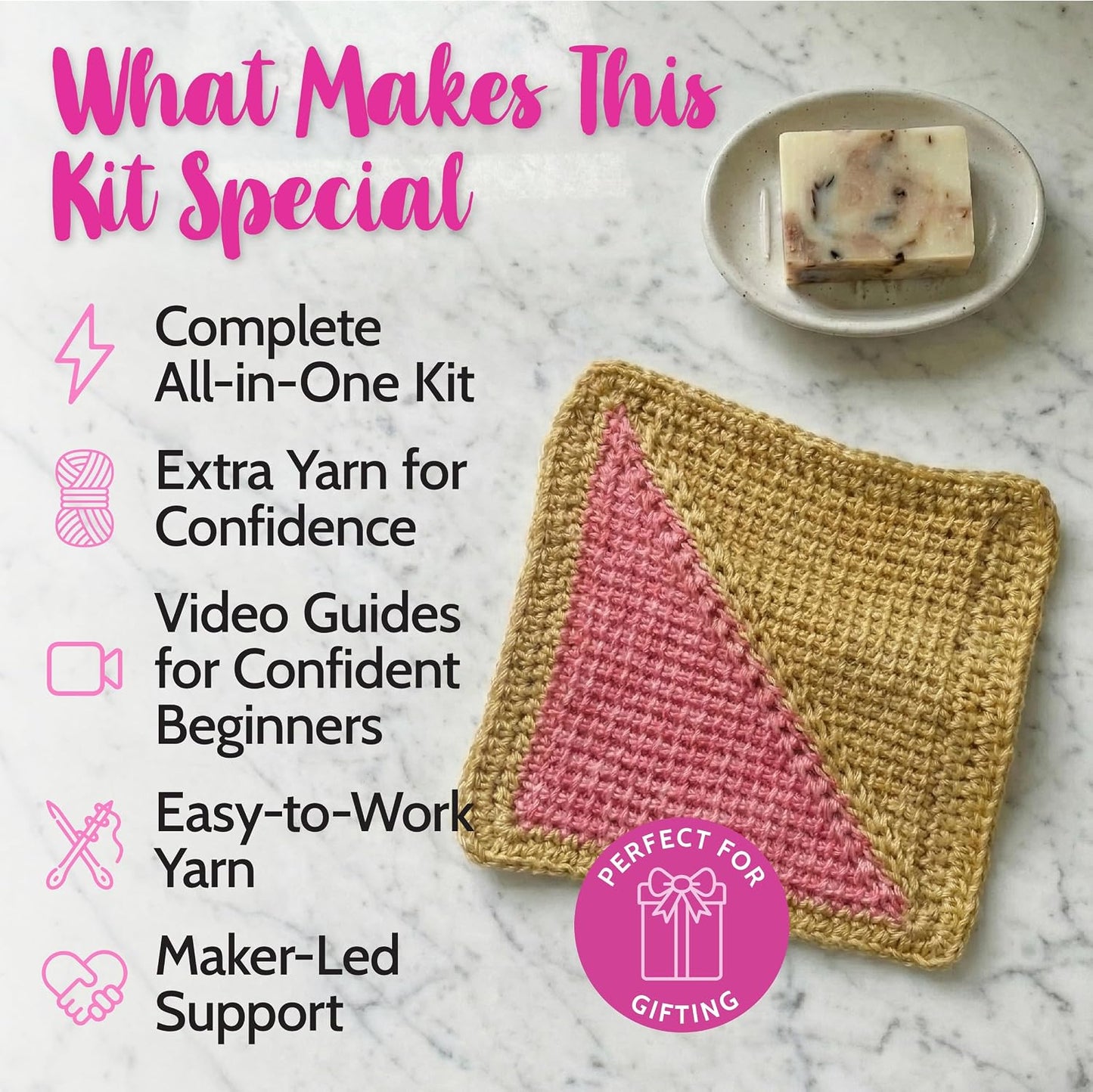 KnitPal Everyday Joy Tunisian Crochet Dishcloth Kit for Confident Beginners – Make 4 Reusable Dishcloths – Cotton Yarn, Tunisian Crochet Hook, 2 Patterns & Video Tutorials (Camel Brown+Flamingo Pink)