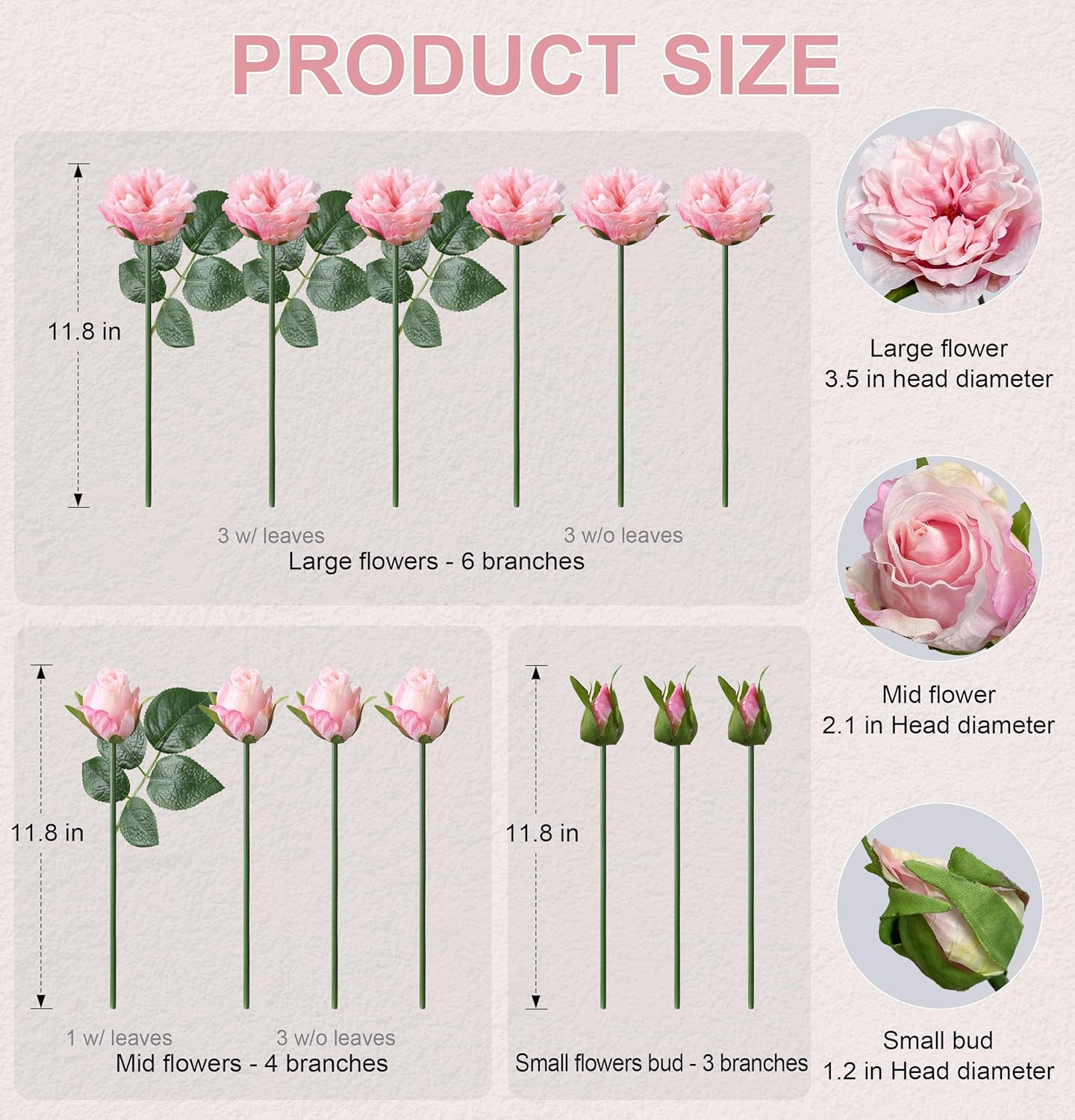 florisso Light Pink Rose Artificial Flowers - 13 Branches Faux Roses for Vase Decor, Wedding Centerpieces & Living Room Accents (Silk Artificial Roses)