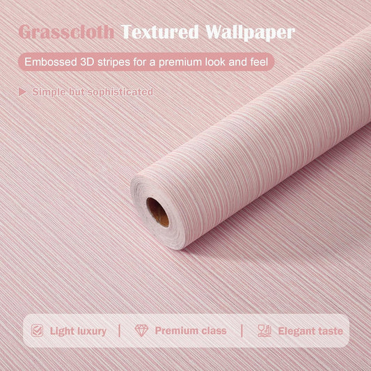 Peel and Stick Wallpaper, Grasscloth Textured, 24" x 394", Self-Adhesive Vinyl Linen Embossed Contact Paper for Walls, Cabinets, Bedroom (Pink)