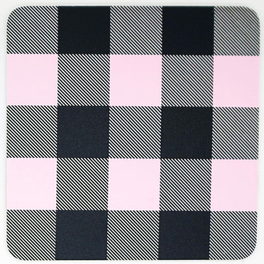 Set Of Four Coasters, Rustic Buffalo Check Plaid Pattern with Cork Base, Made in the USA by Blinggasm (Light Pink)
