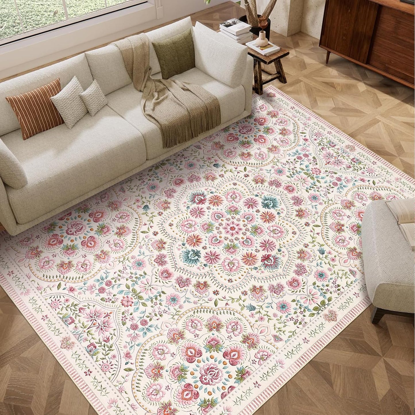 Garvee Washable Floral 9x12 Area Rugs for Living Room, Indoor Farmhouse Non Slip Girls Bedroom Rug, Ultra Soft Thin Large Carpet for Nursery Playroom, Stain Resistant Dining Room Rugs, Beige Pink