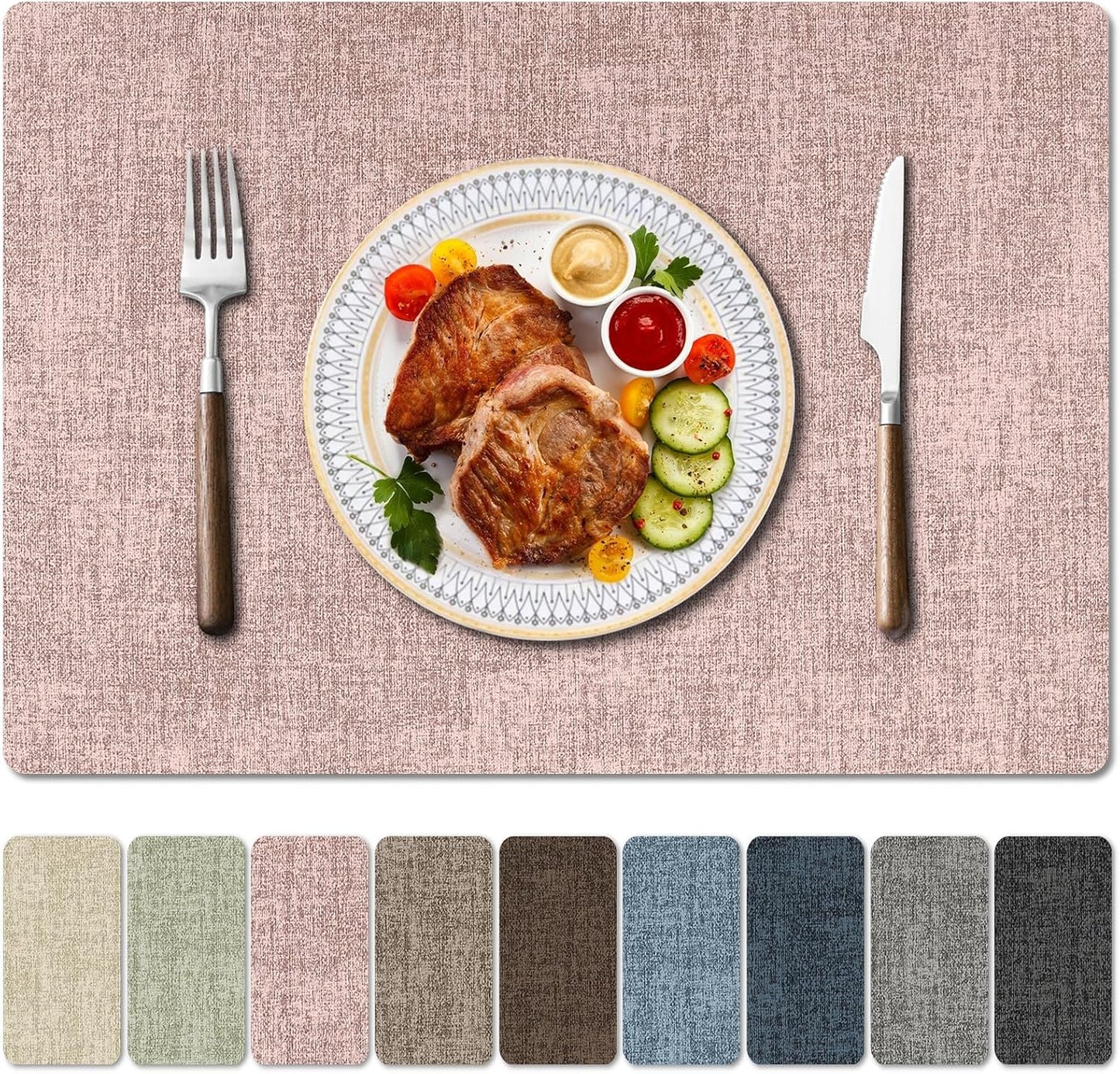 Faux Leather Heat Resistant Placemats Set of 4 – Waterproof Oilproof Wipeable Dining PU Vinyl Place Mat Easy Clean Table Mats for Kitchen/Dining/Party/Holiday, Pink