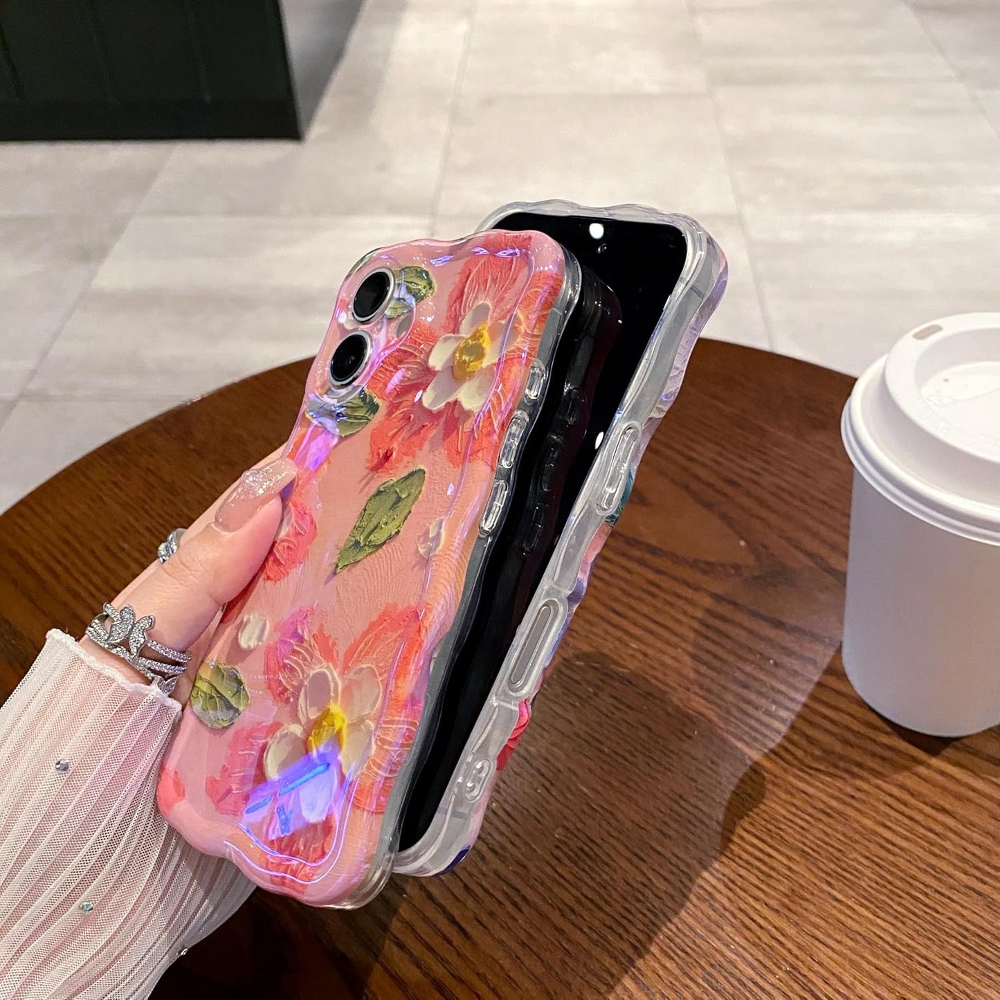 Case for iPhone 16, Colorful Retro Oil Painting Printed Flower Laser Glossy Pattern Cute Curly Wave Edge Exquisite Phone Cover Stylish Durable TPU Protective Case (Peach)