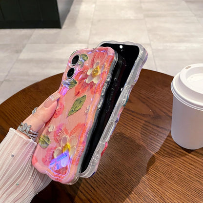 Case for iPhone 16, Colorful Retro Oil Painting Printed Flower Laser Glossy Pattern Cute Curly Wave Edge Exquisite Phone Cover Stylish Durable TPU Protective Case (Peach)