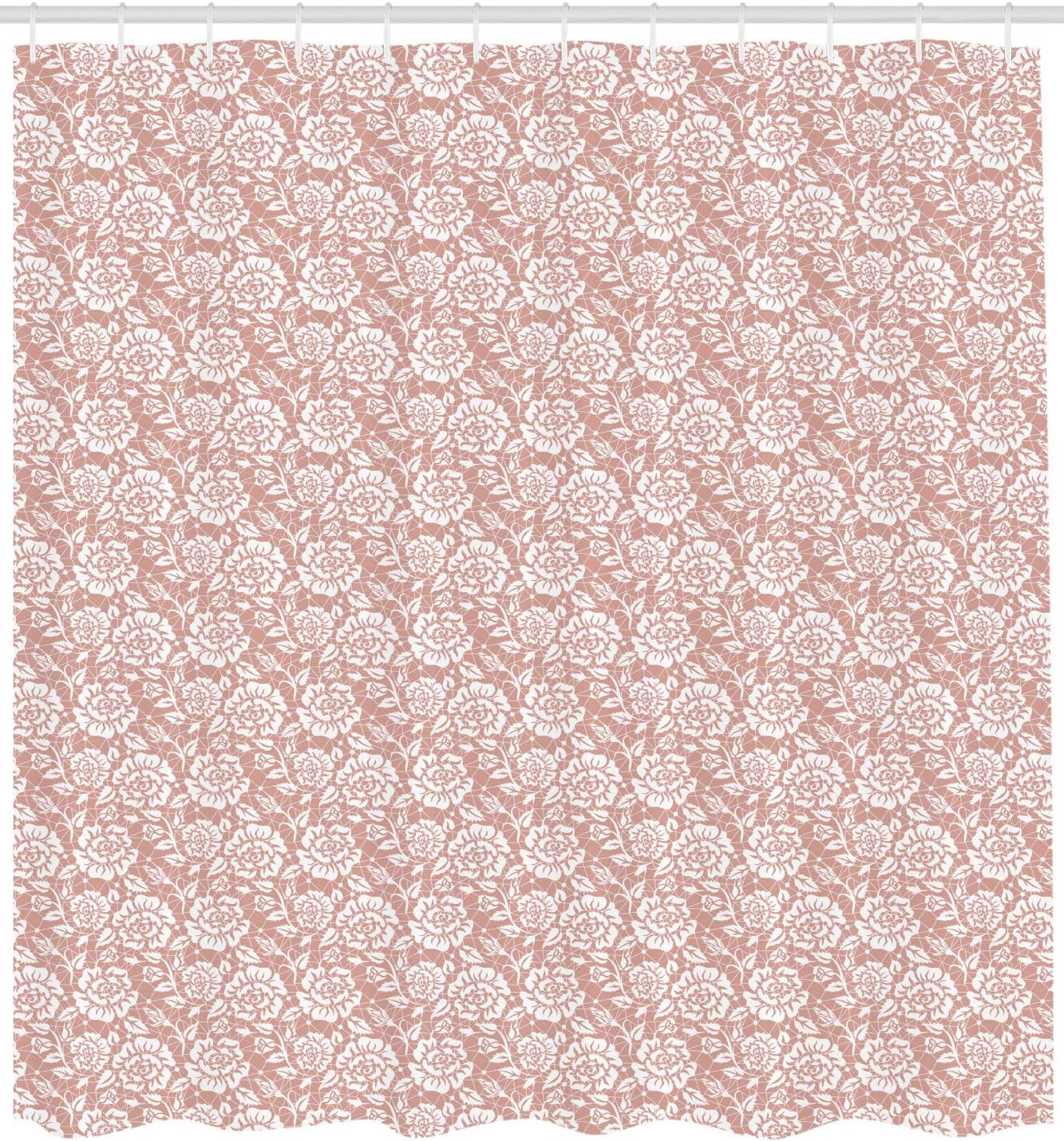 Lunarable Peach Pink Shower Curtain, Lace Inspired Monochromatic Floral Vernal Mesh Ornamental Roses Composition, Cloth Fabric Bathroom Decor Set with Hooks, 69" W x 70" L, White and Blush