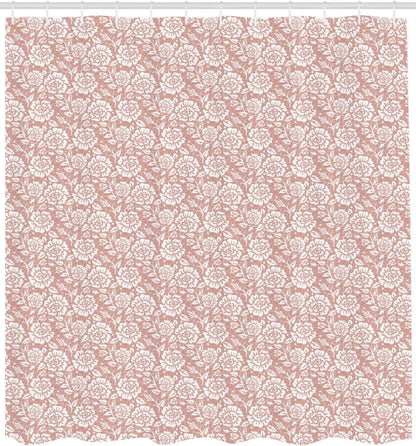 Lunarable Peach Pink Shower Curtain, Lace Inspired Monochromatic Floral Vernal Mesh Ornamental Roses Composition, Cloth Fabric Bathroom Decor Set with Hooks, 69" W x 70" L, White and Blush