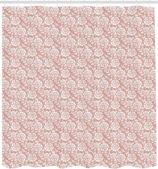 Lunarable Peach Pink Shower Curtain, Lace Inspired Monochromatic Floral Vernal Mesh Ornamental Roses Composition, Cloth Fabric Bathroom Decor Set with Hooks, 69" W x 70" L, White and Blush