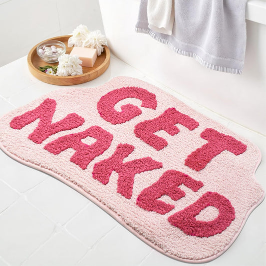 KOEXM Get Naked Bath Mat Pink Bathroom Rugs 20" x 32" Cute Bath Mat, Non-Slip Absorbent Funny Bathroom Decor Machine Washable Irregular Shaped Shower Rug