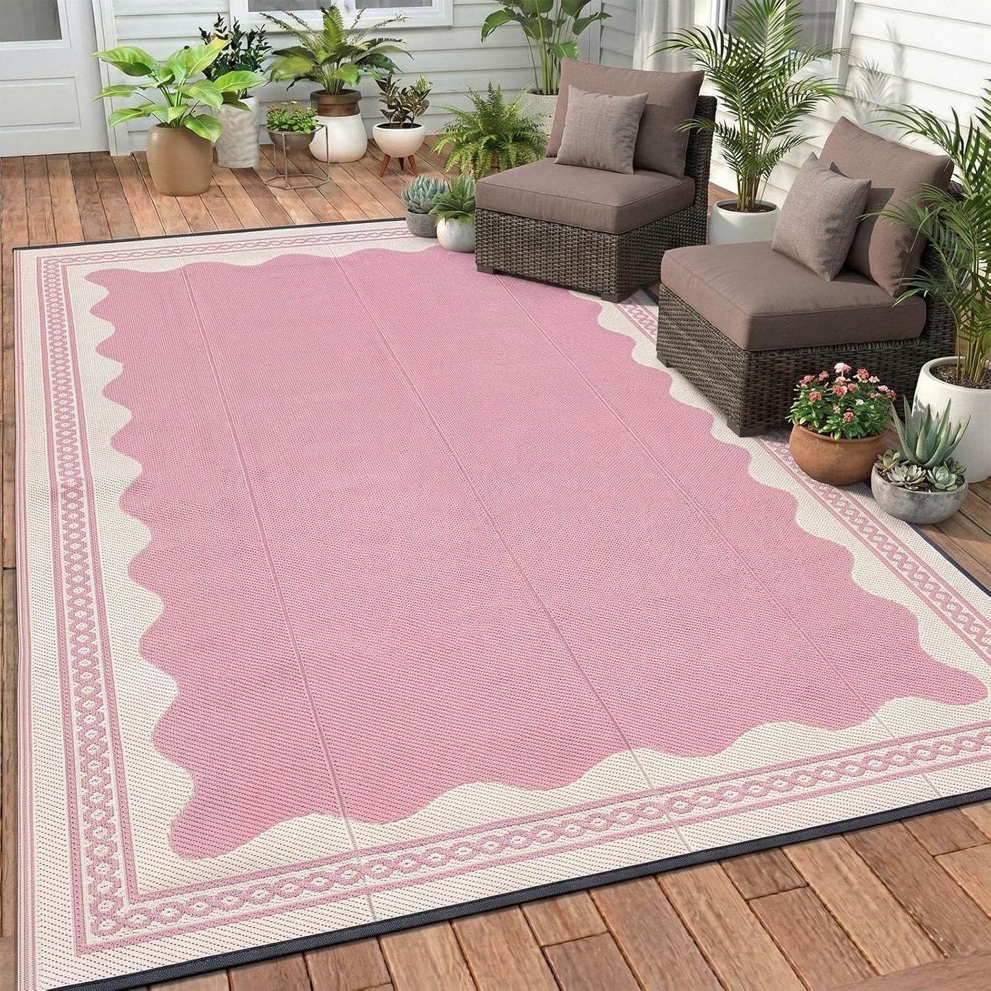 Dunzy Scalloped Outdoor Patio Rug, 5 x 8 ft Non-Slip Plastic Straw Scalloped Carpet Waterproof Indoor Outdoor Area Mat for Outside Rv Camping Deck Pool Beach Porch Backyard(Pink)