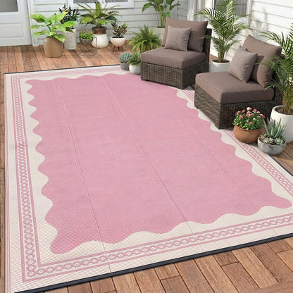 Dunzy Scalloped Outdoor Patio Rug, 5 x 8 ft Non-Slip Plastic Straw Scalloped Carpet Waterproof Indoor Outdoor Area Mat for Outside Rv Camping Deck Pool Beach Porch Backyard(Pink)